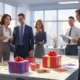 A group of employees celebrating Boss’s Day with gifts, cards, and a team lunch in an office setting.