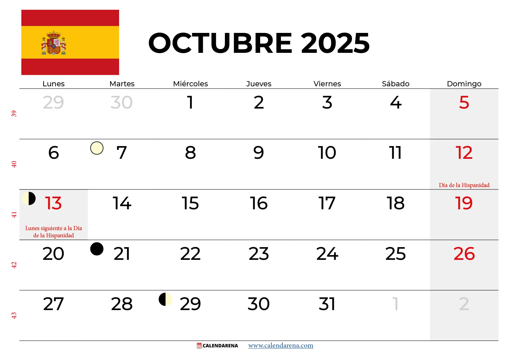 Calendario Octubre 2025 Espa a Festivos Y Lunares