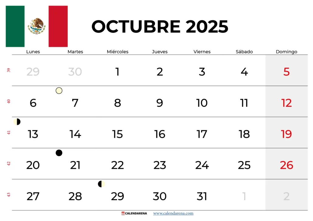 Calendario Octubre 2025 mexico