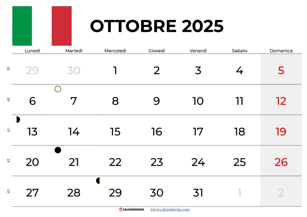 Calendario Ottobre 2025 Con Festività