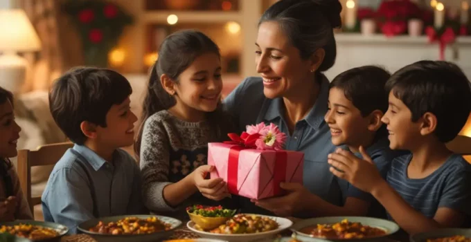 Madre e hijos celebrando juntos con un regalo en la mano