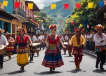 Celebración del Día de la Raza en Colombia con festivales, danzas tradicionales y actividades culturales.