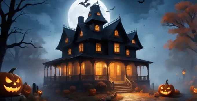 A spooky Halloween night with carved pumpkins, ghosts, and children trick-or-treating