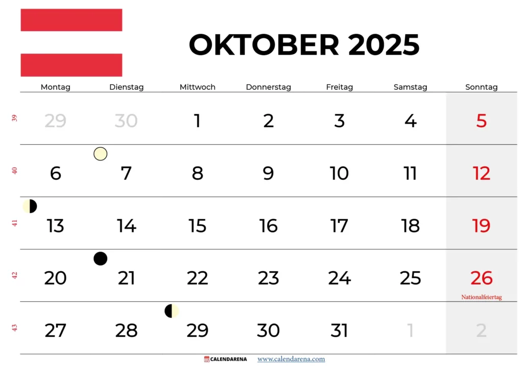 Kalender Oktober 2025 Österreich