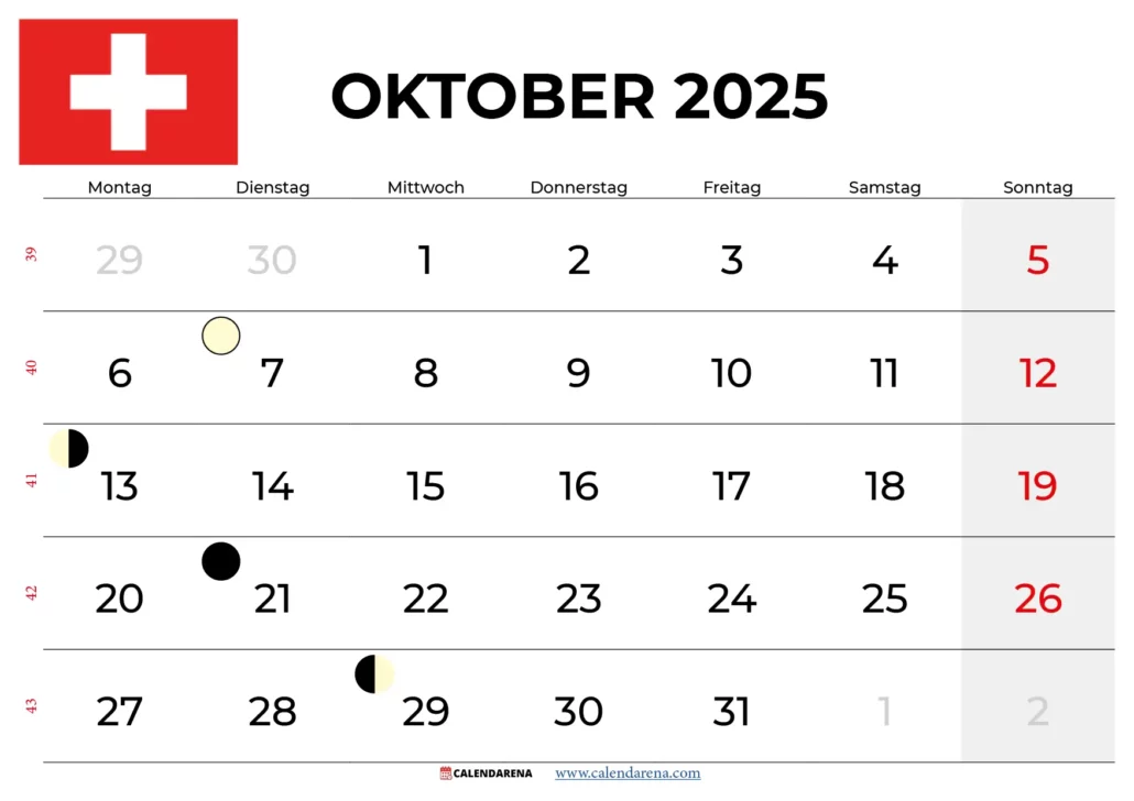 Kalender Oktober 2025 Zum Ausdrucken Schweiz