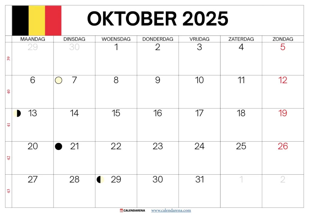 Oktober 2025 Kalender België
