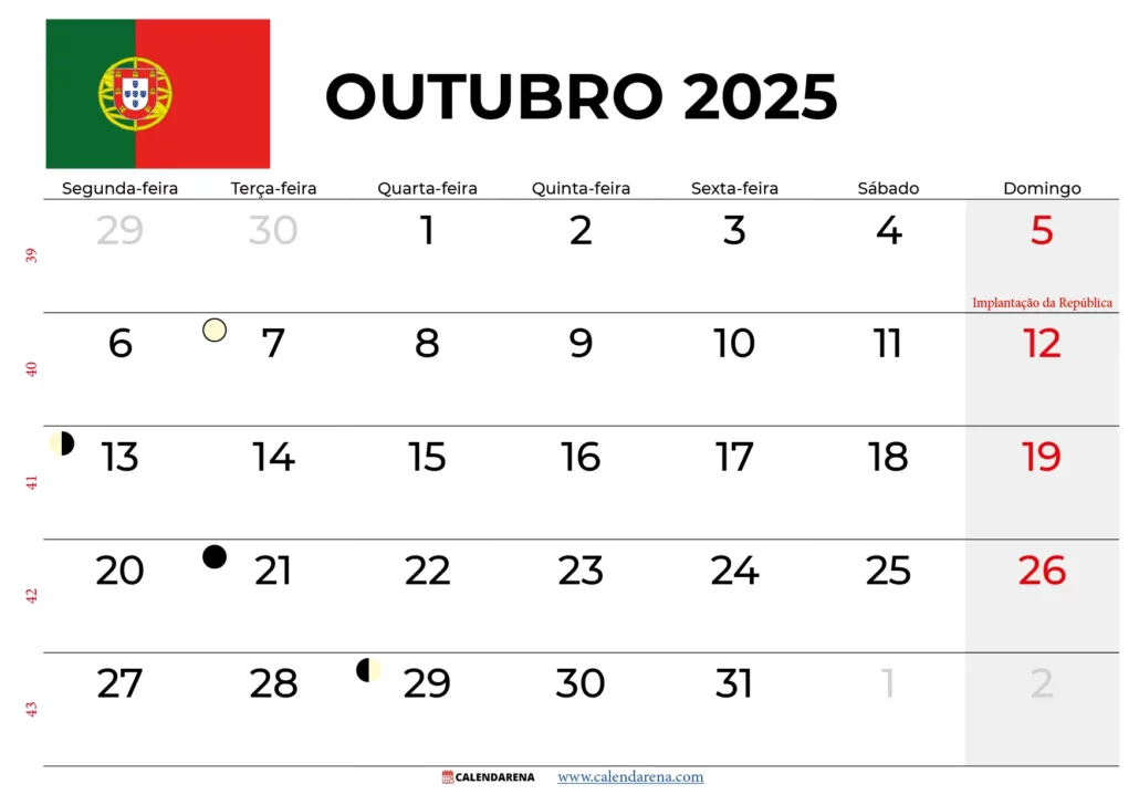 Calendário Outubro 2025 Para Imprimir Portugal