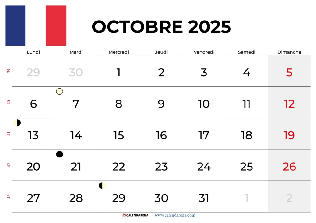 Calendrier Octobre 2025 À Imprimer