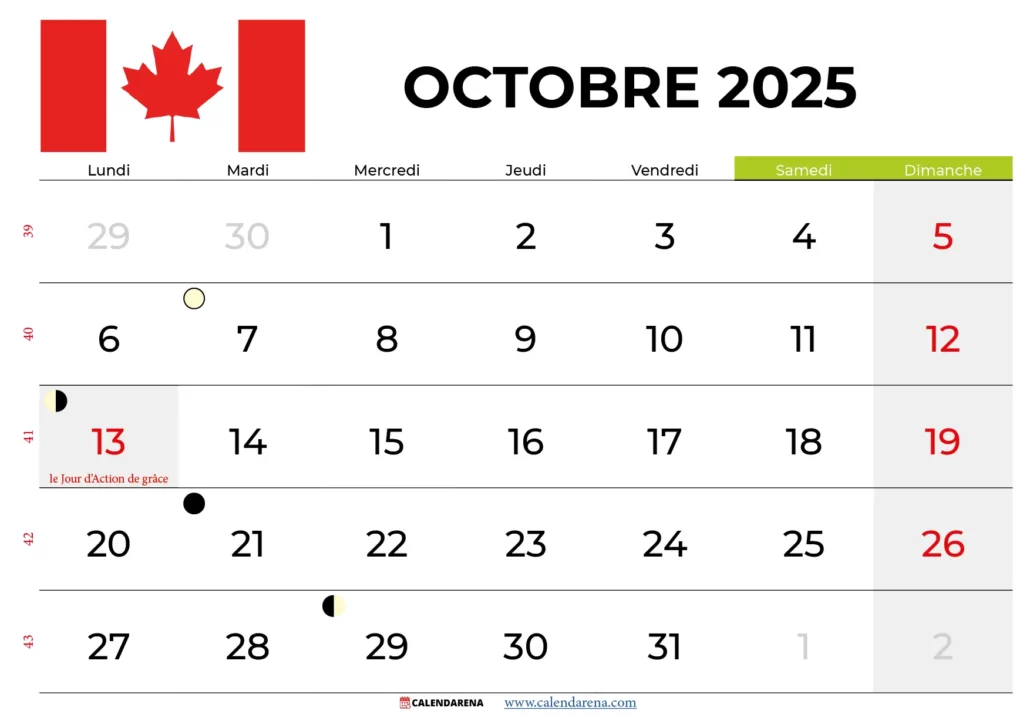 Calendrier Octobre 2025 À Imprimer Québec
