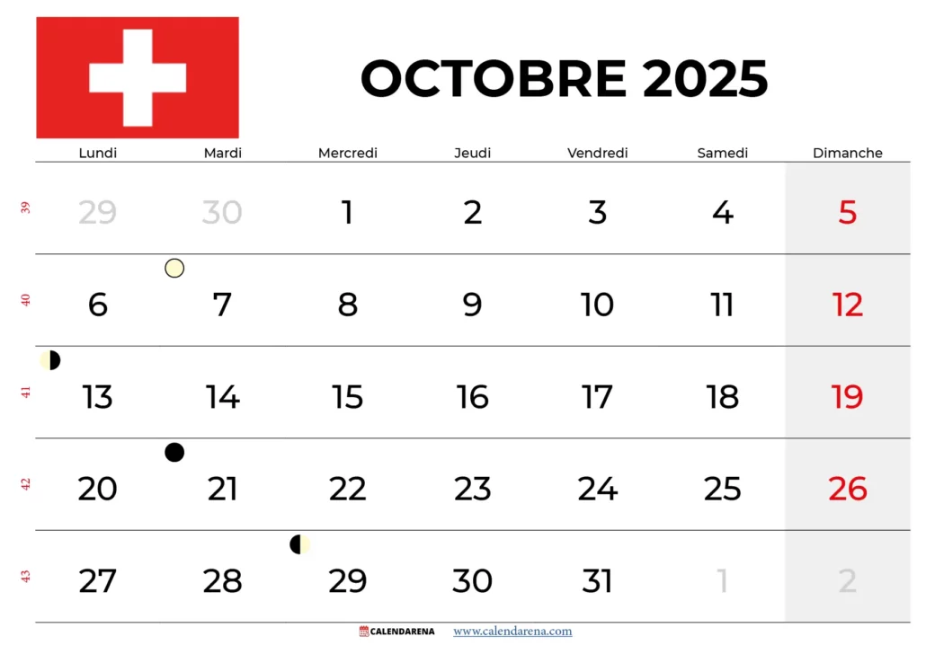 Calendrier Octobre 2025 À Imprimer Suisse