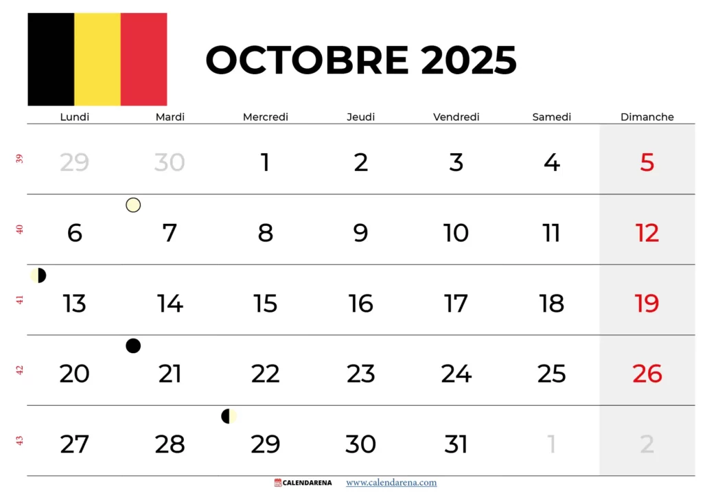Calendrier Octobre 2025 Belgique