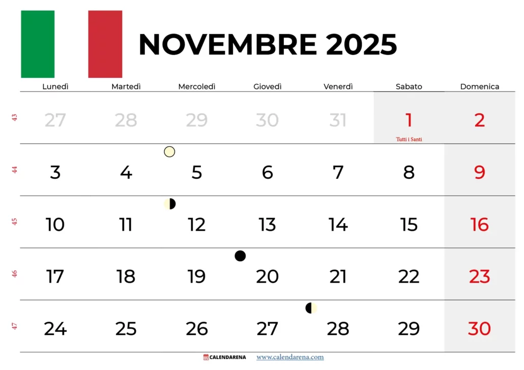 Calendario Novembre 2025 Italiano