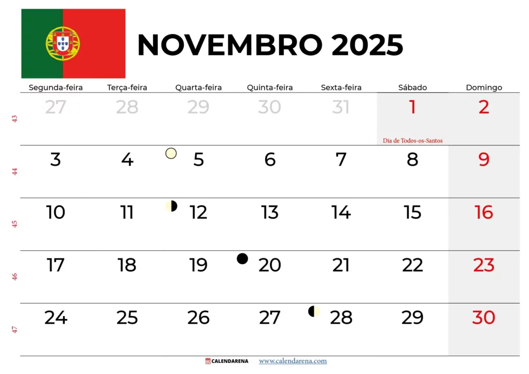 Calendário Novembro 2025 Portugal