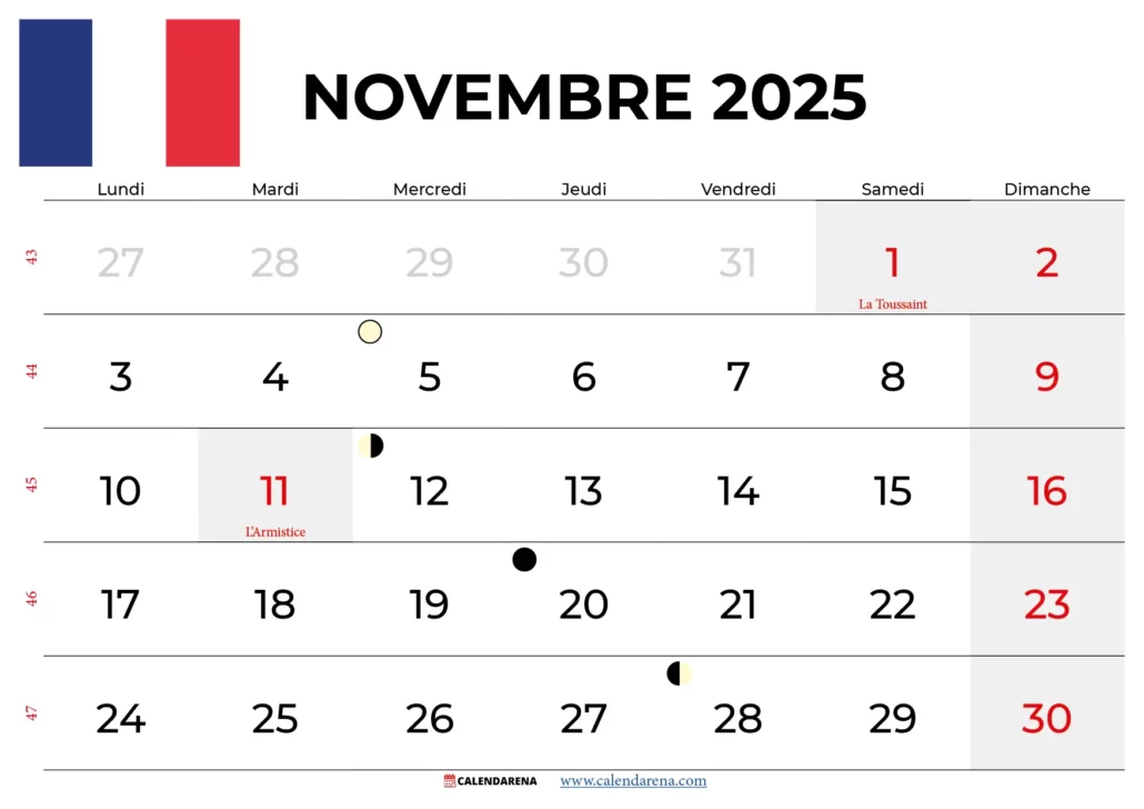 Calendrier Novembre 2025