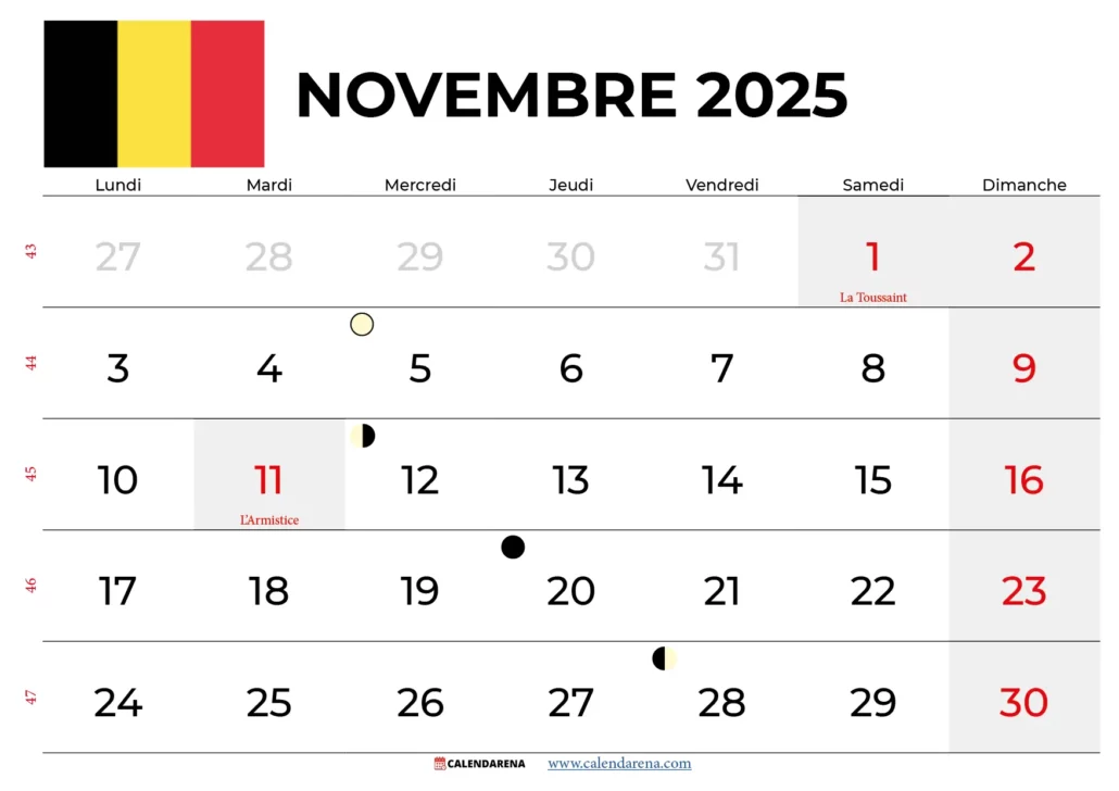 Calendrier Novembre 2025 À Imprimer Belgique