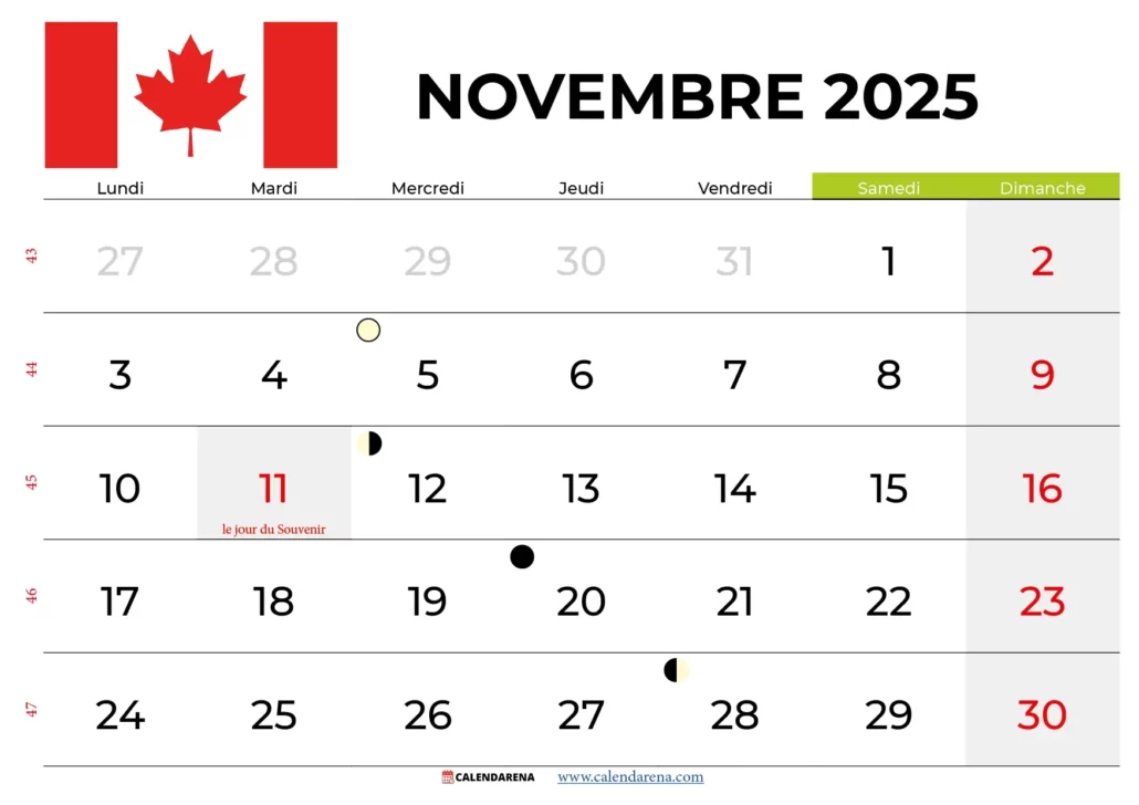 Calendrier Novembre 2025 Quebec