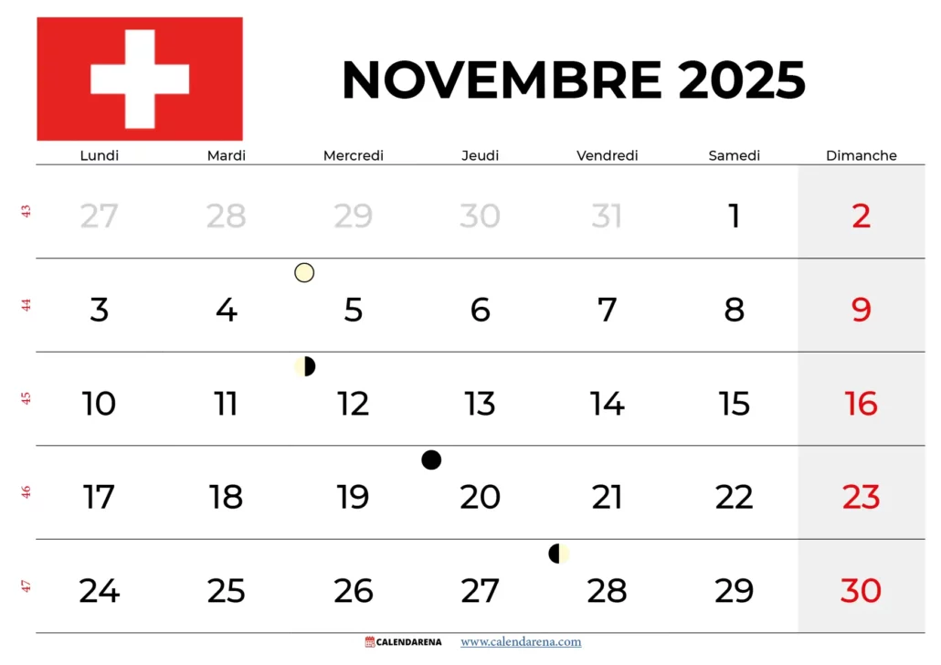 Calendrier Novembre 2025 Suisse