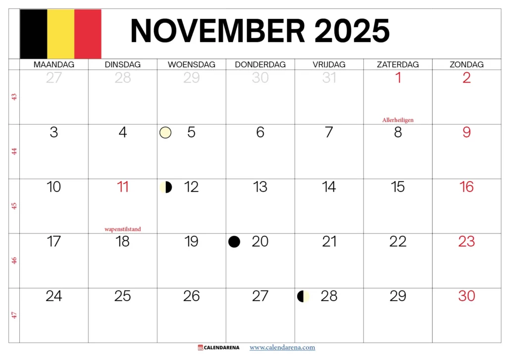 Kalender 2025 November Belgien