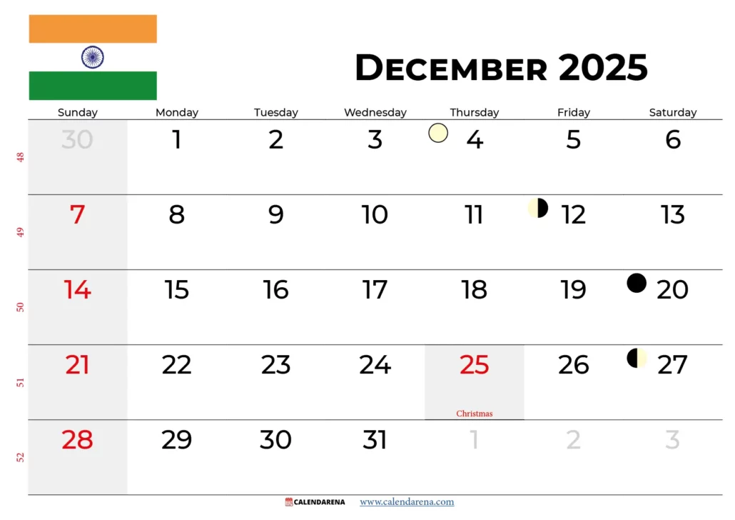 2025 December Calendar India