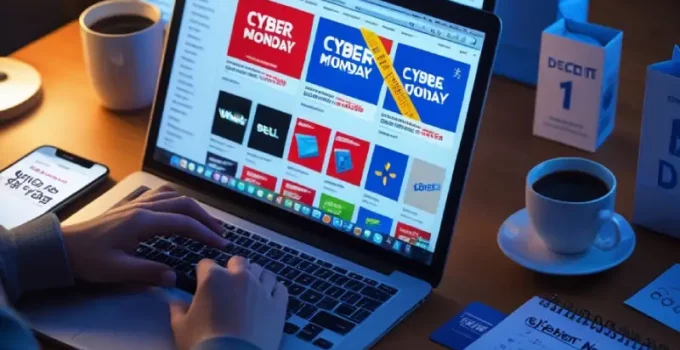 Person shopping online during Cyber Monday sales with laptop and smartphone