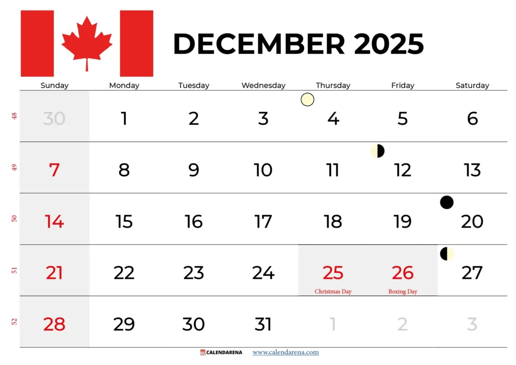 December 2025 Calendar Canada