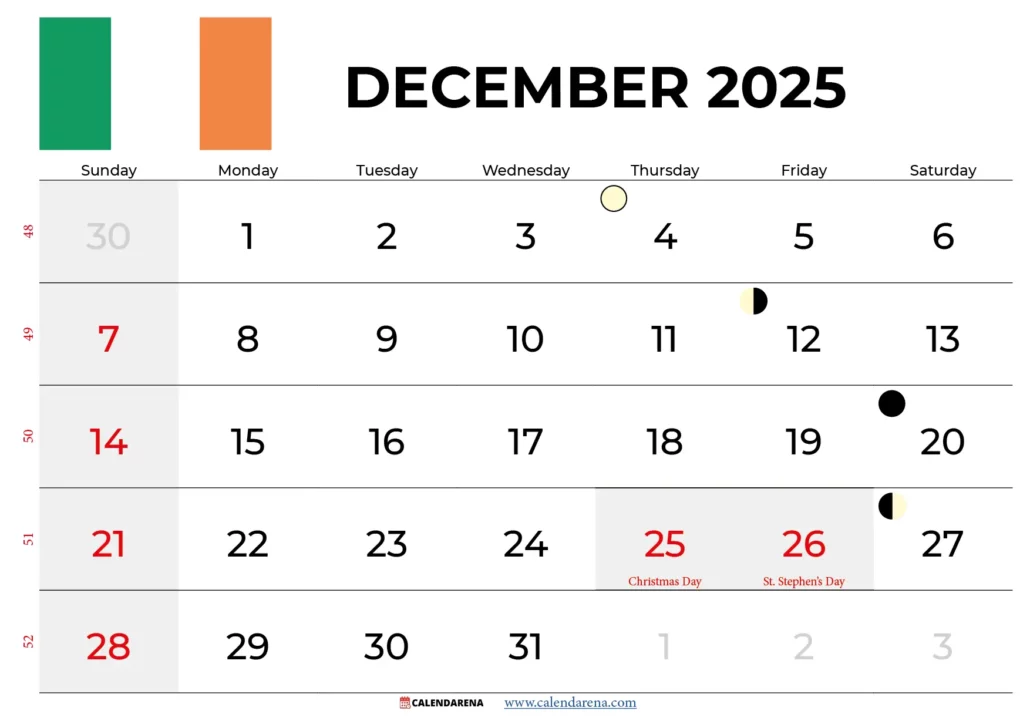December 2025 Calendar Ireland