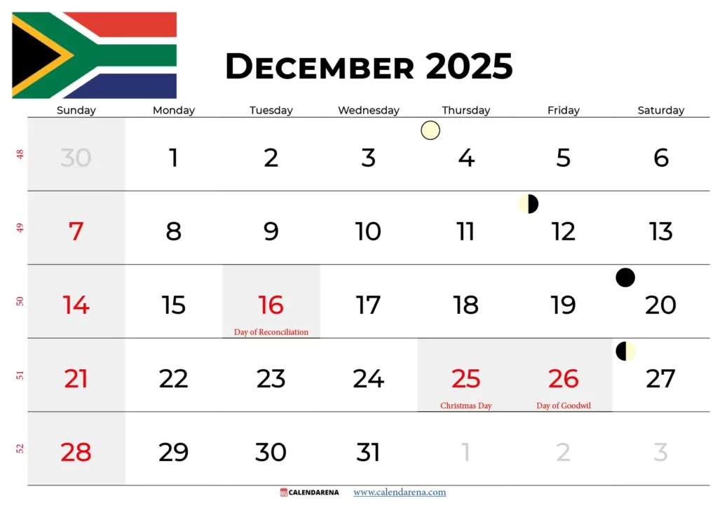 December 2025 Calendar South Africa