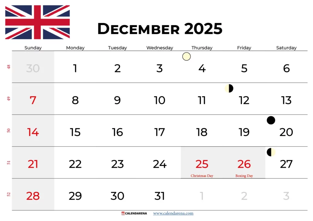 December 2025 Calendar Uk