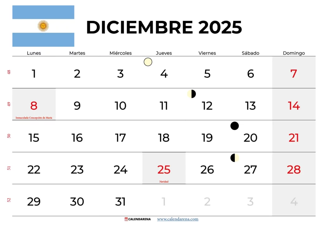 Calendario Diciembre 2025 Argentina