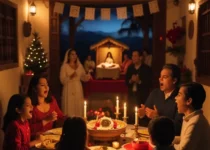 Grupo de personas celebrando la Posadas Navideñas alrededor de una mesa decorada con velas, disfrutando de la festividad juntos