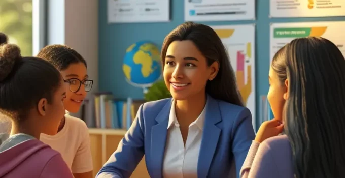 Orientador educacional orientando estudantes em sala de aula no Dia do Orientador Educacional