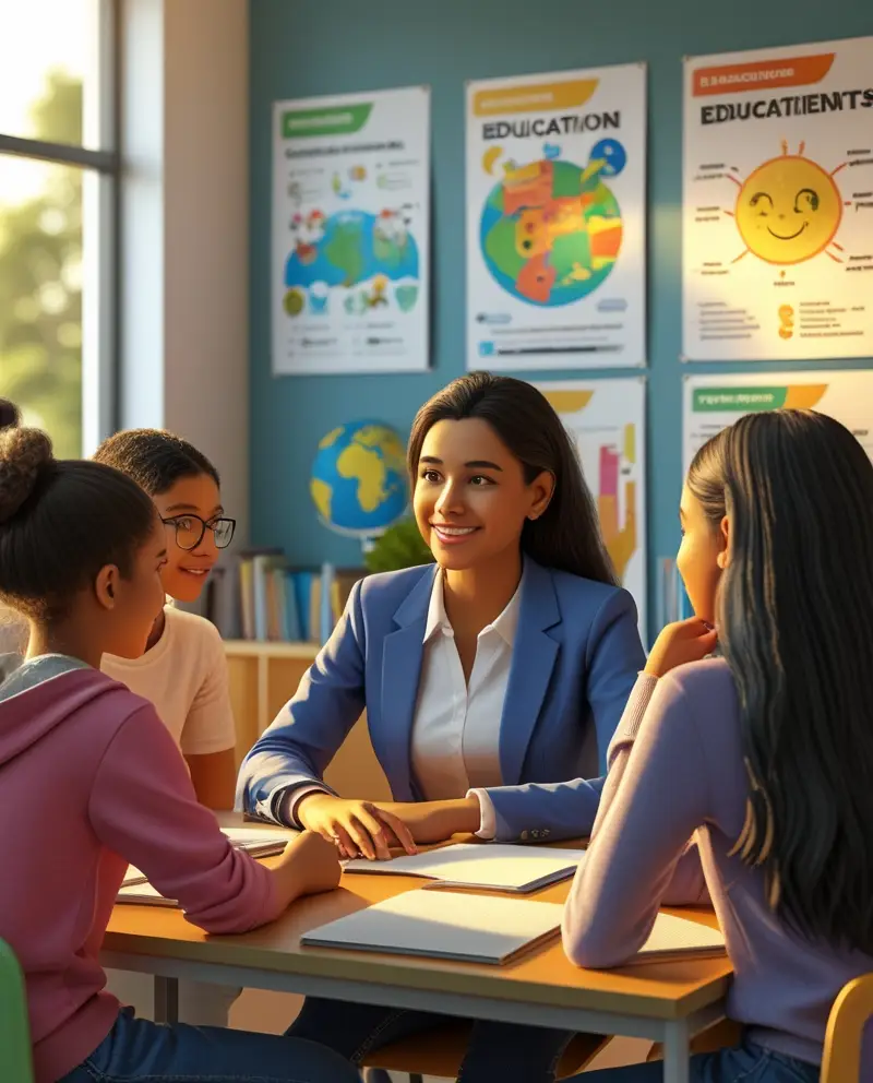 Orientador educacional orientando estudantes em sala de aula no Dia do Orientador Educacional