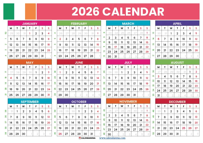 2026 Calendar Ireland Printable