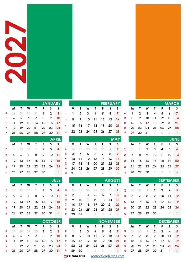 2027 Calendar Ireland Printable