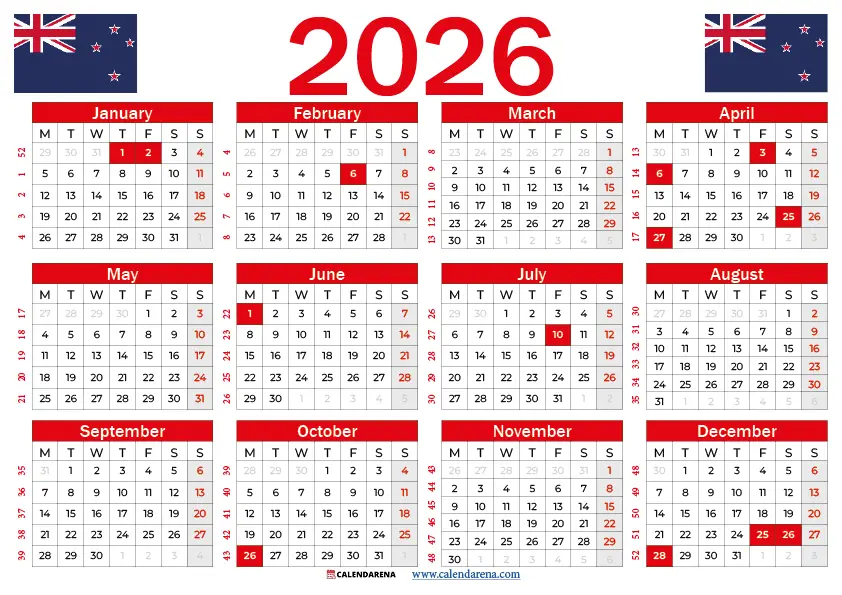 Calendar 2026 With Holidays NZ