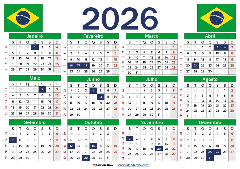 Calendário 2026 Com Feriados Nacionais Para Imprimir Brasil