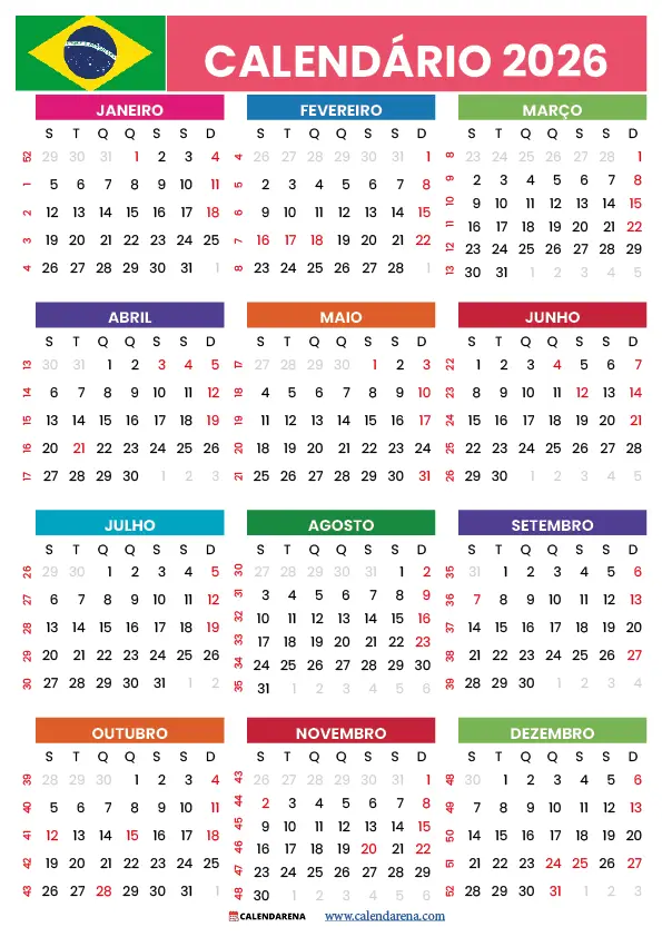 Calendário 2026 Com Feriados Para Imprimir Brasil