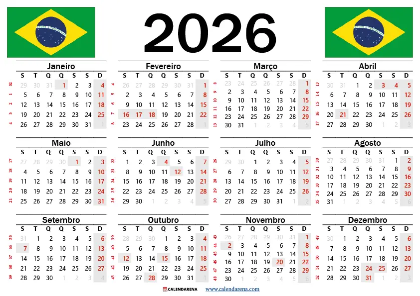 Calendário 2026 Com Feriados Para Imprimir Pdf Brasil