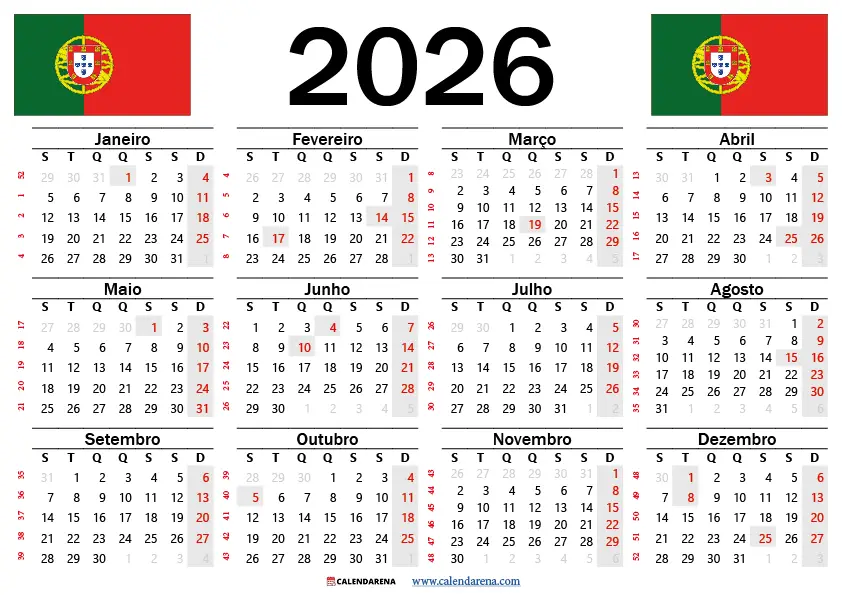 Calendário 2026 Com Feriados Para Imprimir Portugal