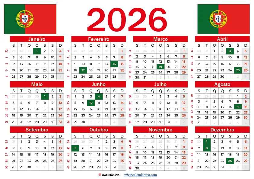 Calendario 2026 Com Feriados Portugal