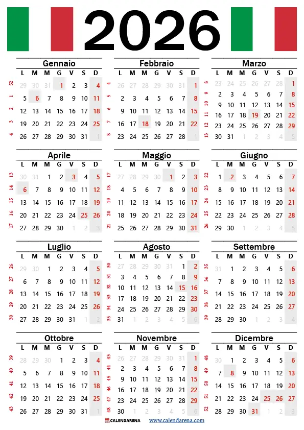 Calendario 2026 Con Settimane italia