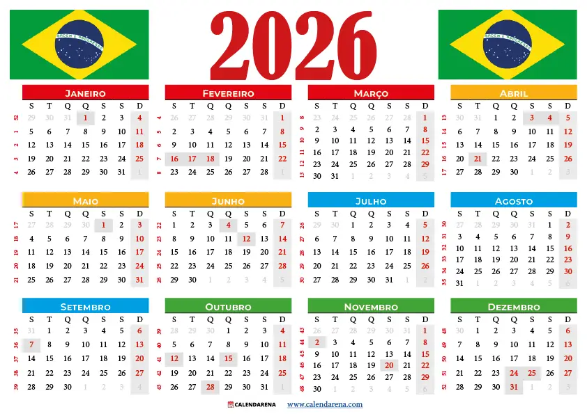 Calendário 2026 Para Imprimir Brasil