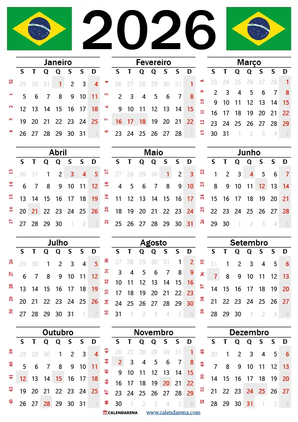 Calendário 2026 Para Imprimir Com Feriados Brasil