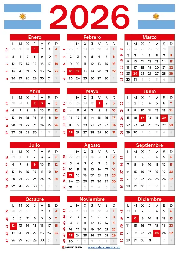 Calendario 2026 Para Imprimir Con Feriados Argentina