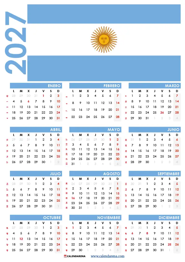 Calendario 2027 Argentina Con Feriados Para Imprimir