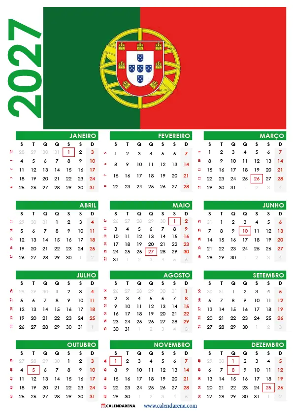 Calendario Portugal 2027 Com Feriados Nacionales