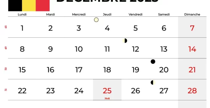 Calendrier Décembre 2025 À Imprimer Belgique