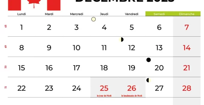 Calendrier Décembre 2025 À Imprimer Canada