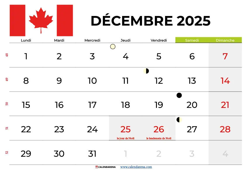 Calendrier Décembre 2025 À Imprimer Canada