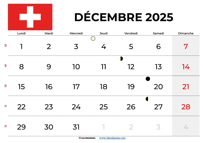 Calendrier Décembre 2025 À Imprimer Suisse